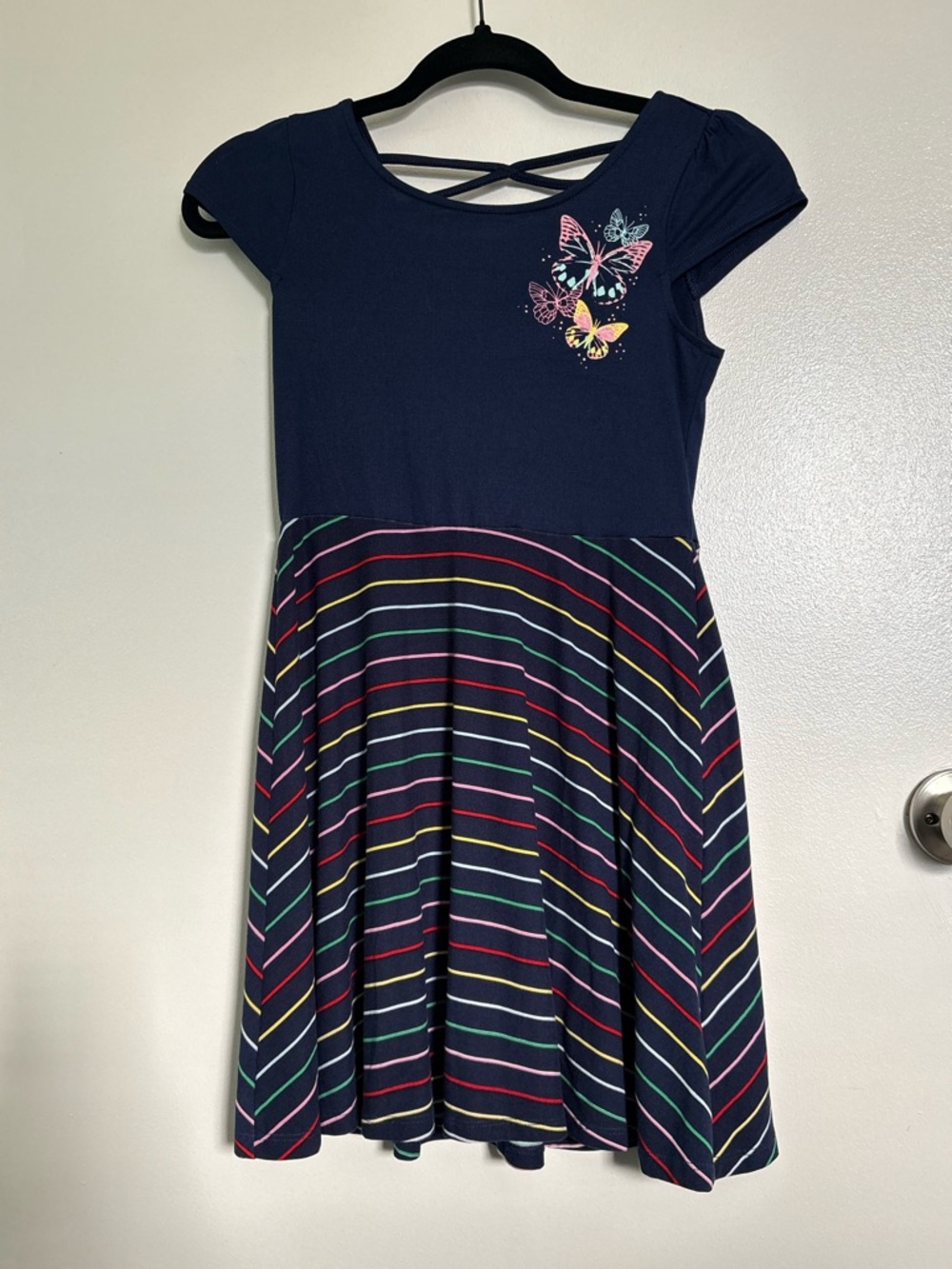 Epic Threads Navy Dress with Multicolor Striped Skirt and Butterfly
